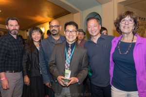 Funder Cal Humanities' staff and board at the world premiere reception, l-r: Program Officer John Lightfoot, Development Officer Ann Yoshinaga, and Board Members Santhosh Daniel, Jeff Adachi, and Margaret Shellada, pictured with film Director Arthur Dong (front center). Photo by Bob Hsiang Photography, ©2015.