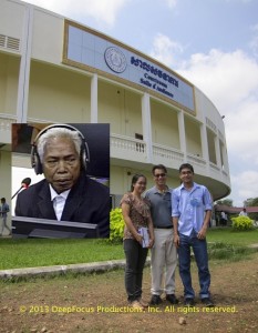 Dr. Haing S. Ngor’s grandniece and grandnephew, Sokal and Oudom Bunna, join filmmaker Arthur Dong (center) at the Khmer Rouge Tribunal. © 2013 DeepFocus Productions, Inc.